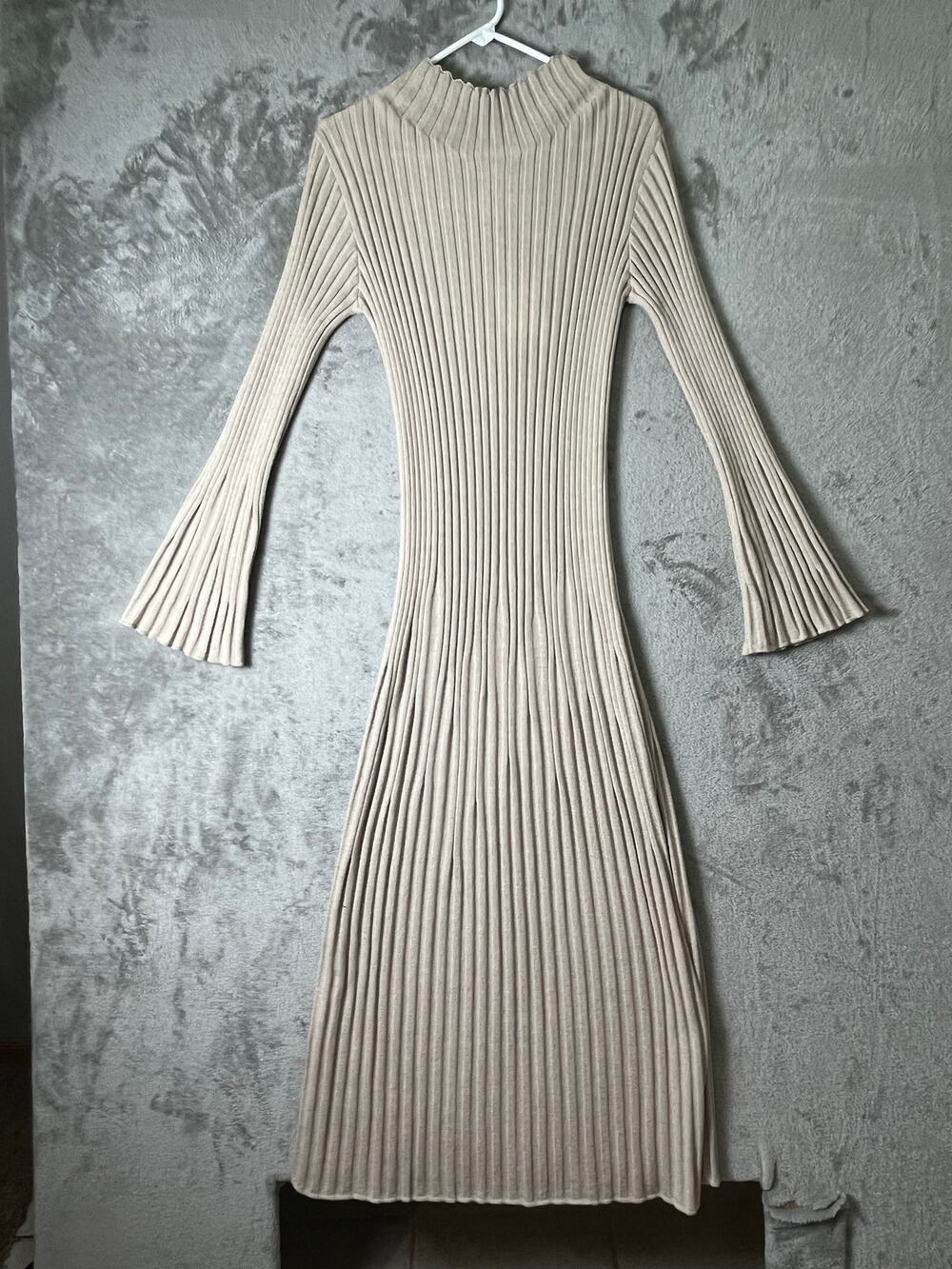 The Knotty Ones Medeina Beige 100% Merino Wool Ribbed Midi Sweater Dress M New